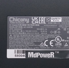 Genuine OEM Chicony 20V 10A 200W A21-200P2B A200A022P Laptop AC Adapter Charger for MSI Stealth 14 Studio MS-14K Gaming Notebook
