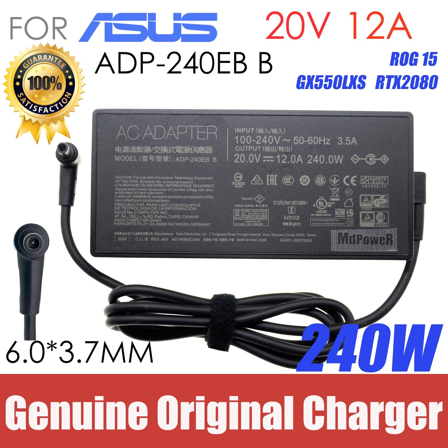 Genuine ADP-240EB B 20V 12A 240W AC Adapter Laptop Charger For ASUS ROG 15 GX550LXS RTX2080 Power Supply 6.0 x 3.5mm
