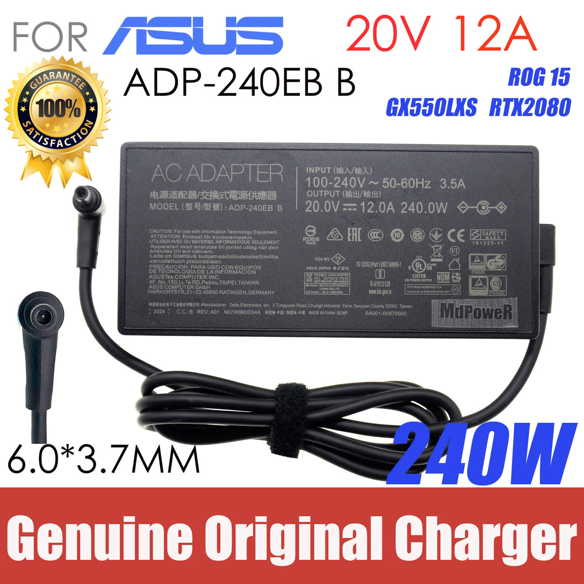 Genuine ADP-240EB B 20V 12A 240W AC Adapter Laptop Charger For ASUS ROG 15 GX550LXS RTX2080 Power Supply 6.0 x 3.5mm