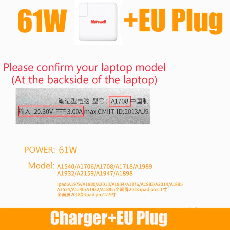 29W 30W 61W 87W USB-C Laptop Power Adapter Type-C PD Charger For Apple Macbook 13 15-inch A1706 A1707 A1708 A1534 A1719 for iPad Pro