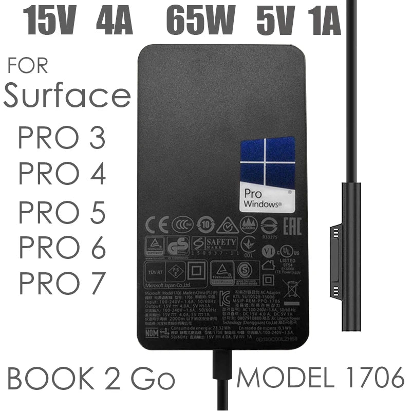 Original new 15V 4A 65W For Microsoft surface book pro3 pro4 pro 5 pro 6 pro7 power adapter 1706 charger fast charge with 5V 1A