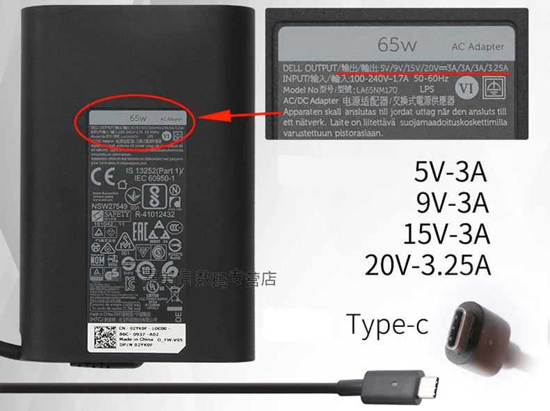 New Original 65w type-C PD USB AC adapter For Dell Latitude 5290 5290 7285 7389 7390 Thunderbolt3 20V 3.25A Charger Power Supply