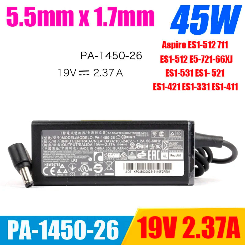 Original For ACER 19V 2.37A 45W 5.5*1.7mm laptop AC adapter charger ES1-512 711 PA-1450-26 ES1-512 ES1-531 ES1-411 ES1-331 721