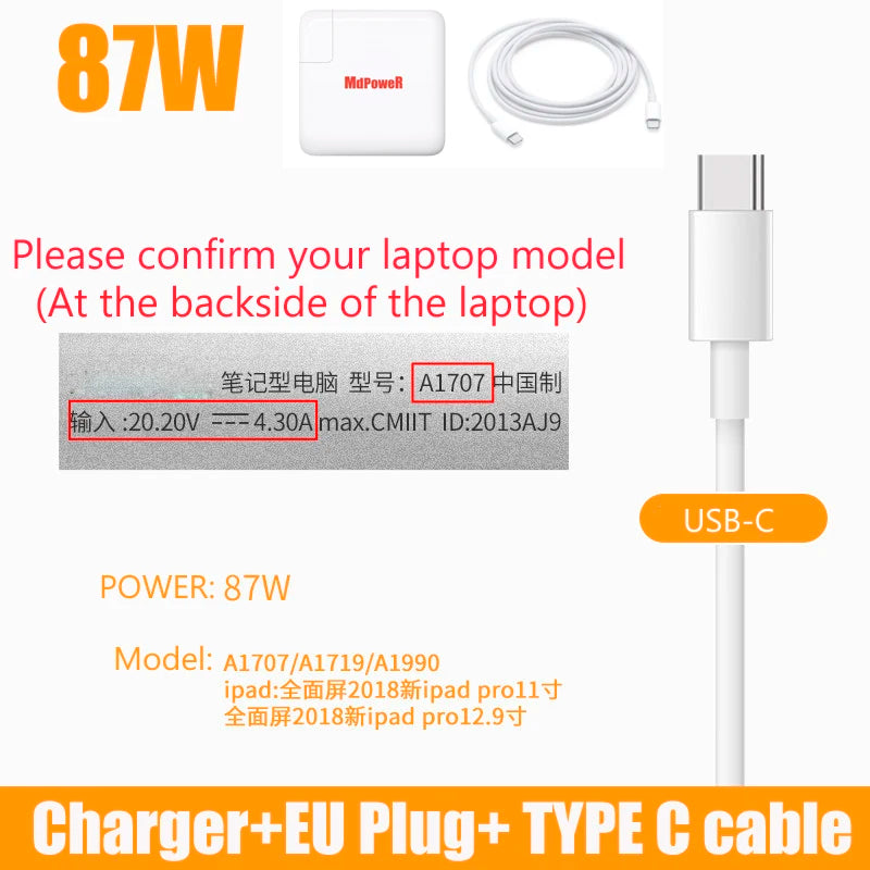 29W 30W 61W 87W USB-C Laptop Power Adapter Type-C PD Charger For Apple Macbook 13 15-inch A1706 A1707 A1708 A1534 A1719 for iPad Pro