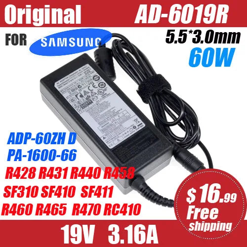 Original AD-6019R 60W 19V 3.16A AC Adapter Charger Power Supply For Samsung NP305E5AI R423 RV411 RF411 PA-1600-66 PCGAD-6019
