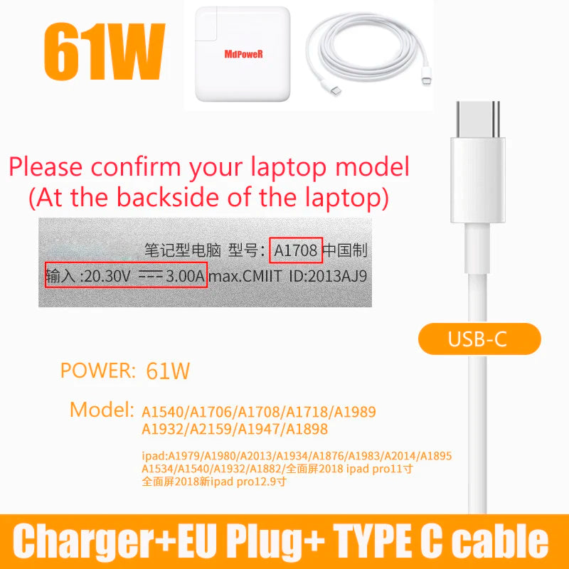 29W 30W 61W 87W USB-C Laptop Power Adapter Type-C PD Charger For Apple Macbook 13 15-inch A1706 A1707 A1708 A1534 A1719 for iPad Pro