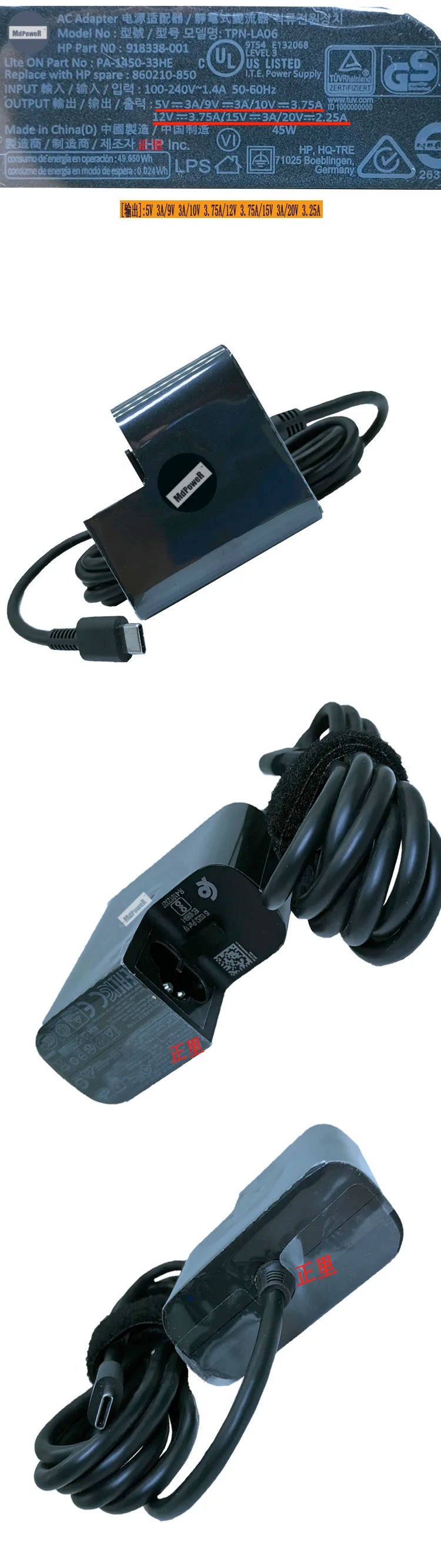 Original 20V 2.25A 45W 10V 3.75A TPN-LA06 860210-850 918338-001 Laptop Adapter charger for HP Spectre 13Elite X2 1012 TYPE-C USB