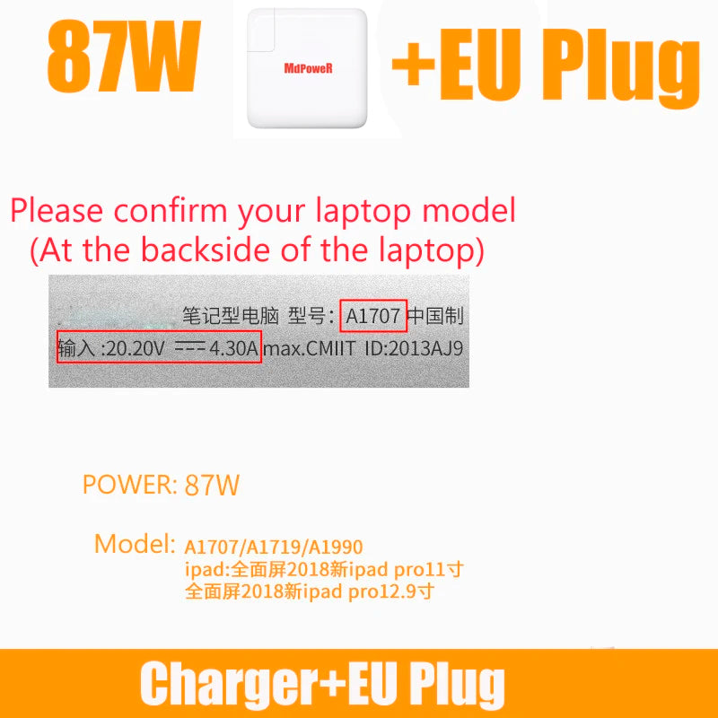 29W 30W 61W 87W USB-C Laptop Power Adapter Type-C PD Charger For Apple Macbook 13 15-inch A1706 A1707 A1708 A1534 A1719 for iPad Pro