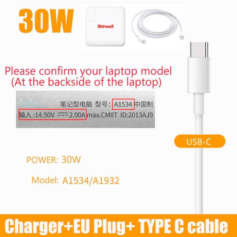 29W 30W 61W 87W USB-C Laptop Power Adapter Type-C PD Charger For Apple Macbook 13 15-inch A1706 A1707 A1708 A1534 A1719 for iPad Pro