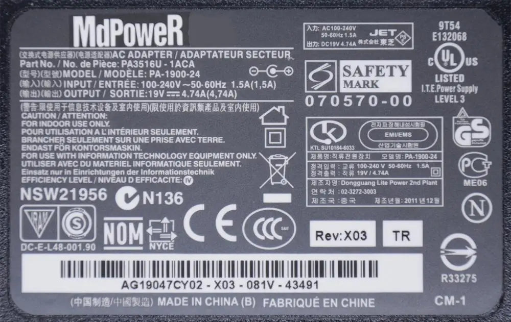 Original For TOSHIBA 19V 4.74A 90W PA3516U-1AC3 PA-1900-24 laptop power AC adapter charger A65 A70 A75 A505 L505 L755 L755D