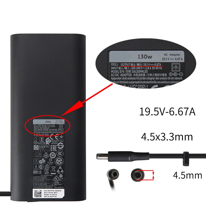 Genuine For Dell 130W 19.5V 6.67A XPS 15 9530 9550 9560 PRECISION M3800 0RN7NW HA130PM130 DA130PM130 06TTY6 laptop AC adapter