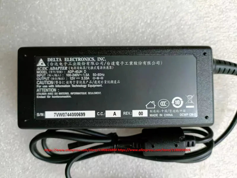 Genuine Delta ADP-40JH D 12V 3.33A AC/DC Adapter Charger for Dell S2419H S2719H Monitor Power Supply 5.5*2.5mm
