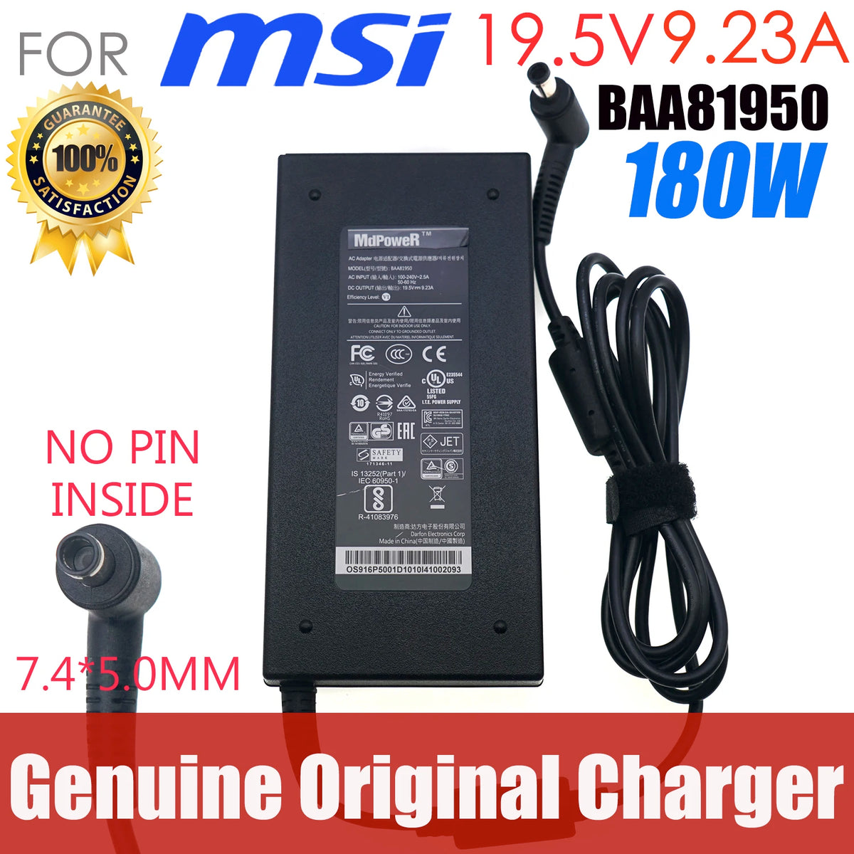 Genuine DARFON 19.5V 9.23A 180W BAA81950 ADP-180MB K AC Adapter For MSI GL63 GE75 GE63 GL73 GP63 GF65 8RE MS179E Power Supply