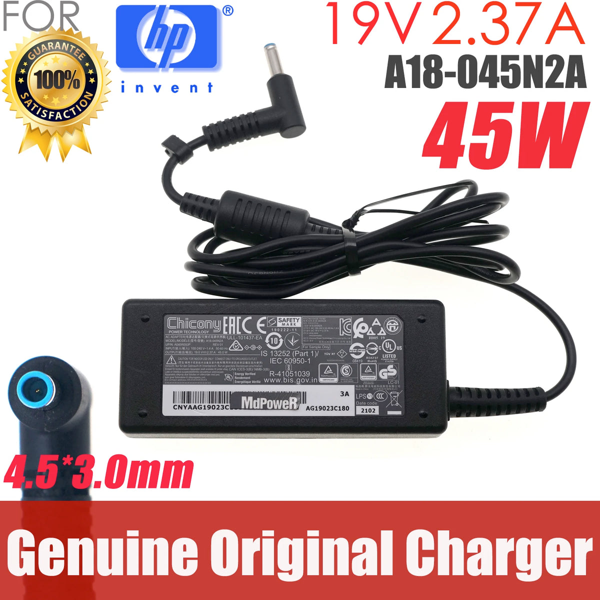 Genuine Chicony 19.5V 2.37A 45W A18-045N2A AC Adapter Charger for HP MSI laptop moniter 4.5*3.0mm AG19023C180 A045R093P