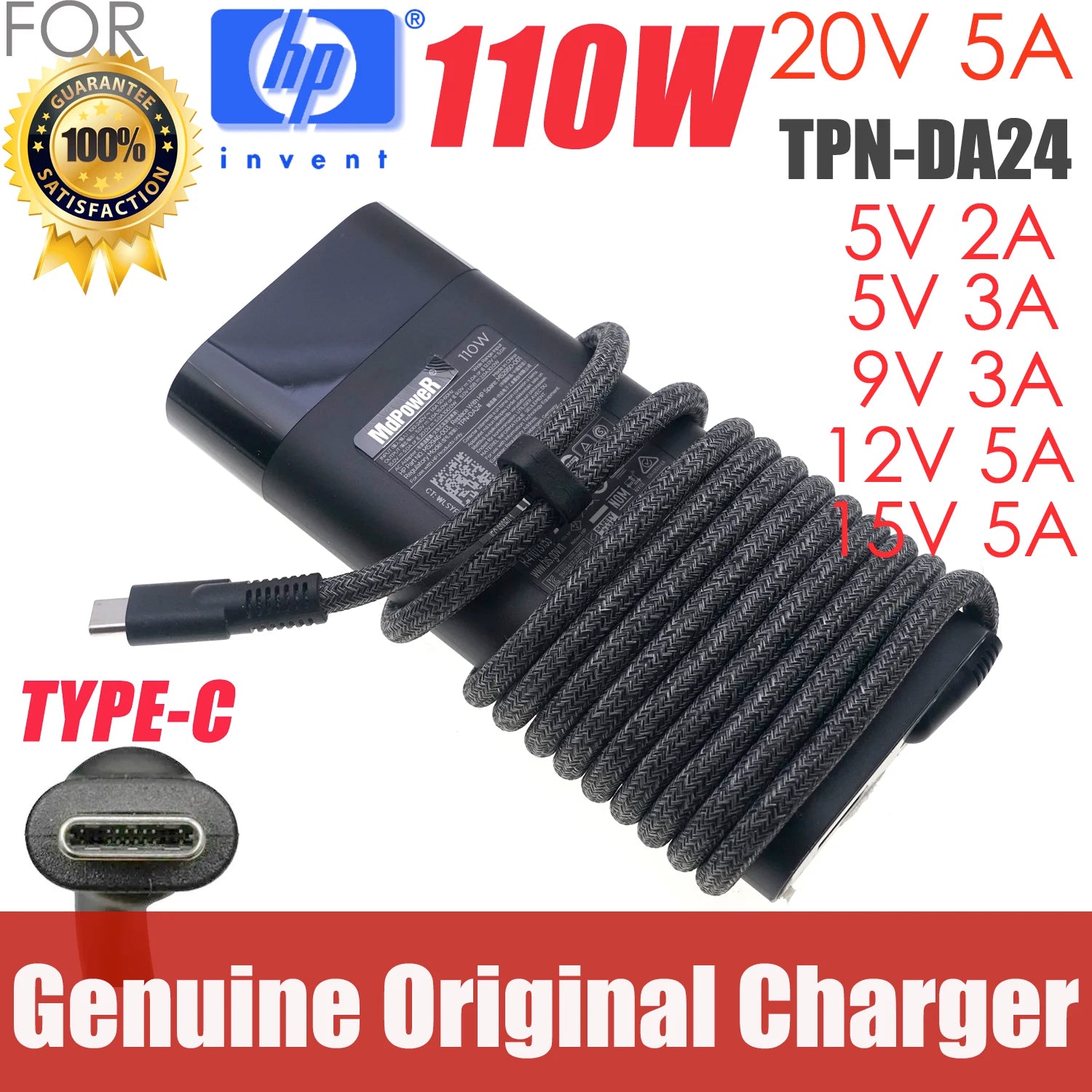 Genuine 20V 5A 110W Type-C AC Adapter Charger For HP Spectre x360 16-aa0074ng Laptop Power Supply TPN-DA24 M52946-003 M52950-001
