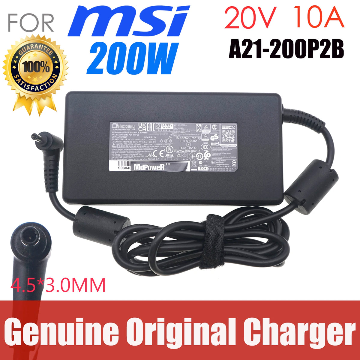 Genuine OEM Chicony 20V 10A 200W A21-200P2B A200A022P Laptop AC Adapter Charger for MSI Stealth 14 Studio MS-14K Gaming Notebook