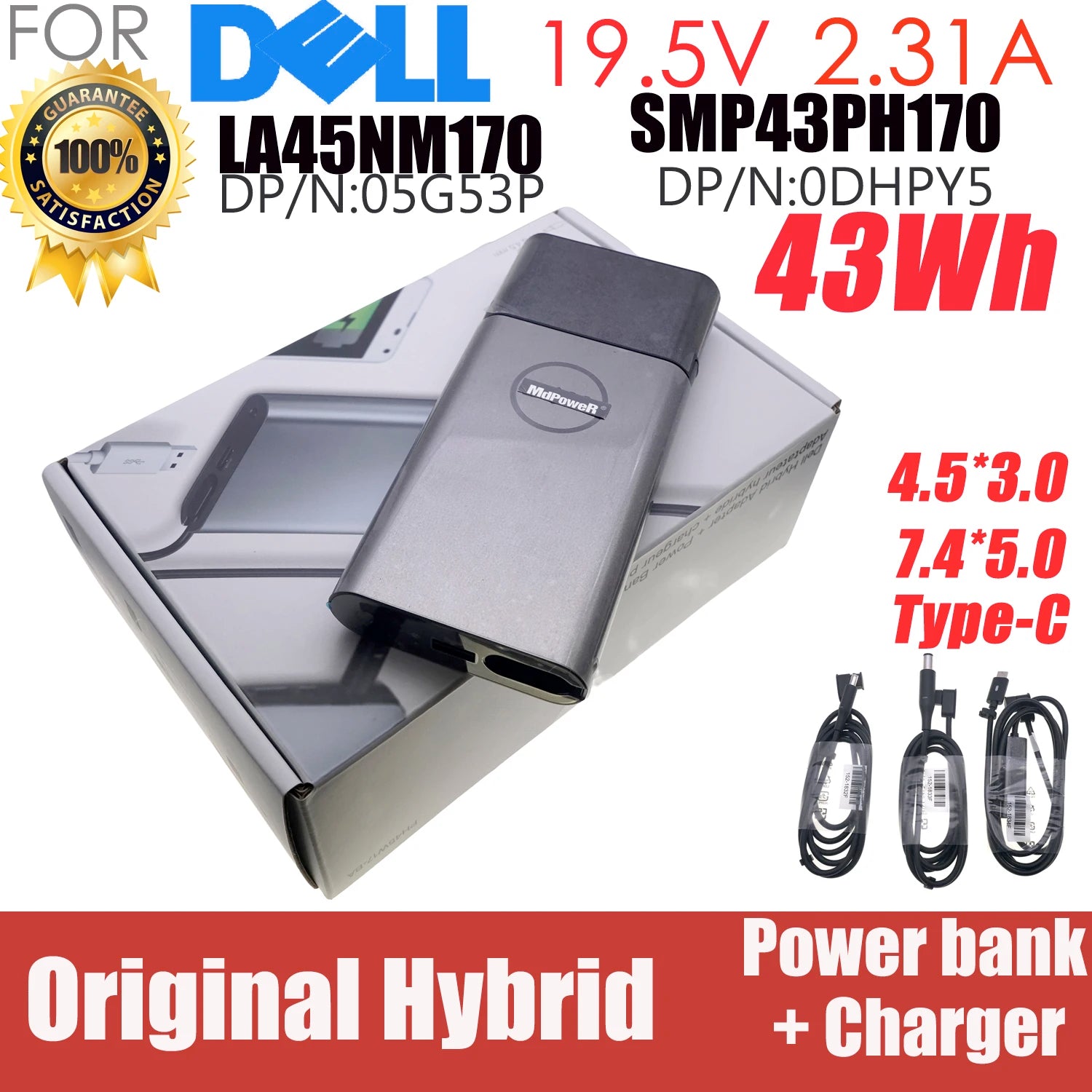 19.5V 2.31A 45W laptop AC Adapter 10000mAh Power bank 43Wh for Dell DP/N:05G53P 0DHPY5 TYPE-C SMP43PH170 LA45NM170 PH45W17-BA