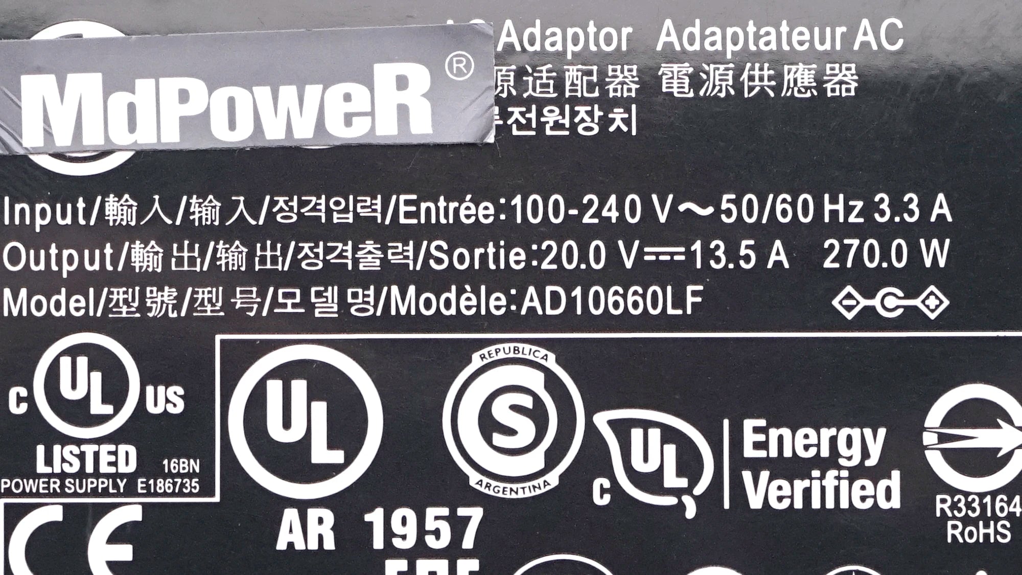 Original 20V 13.5A 270W 5.5mm*2.5mm AC Adapter AD10660LF Charger for LG 45GS95QE 45GS96Q Ultragear OLED LCD Monitor Power Supply