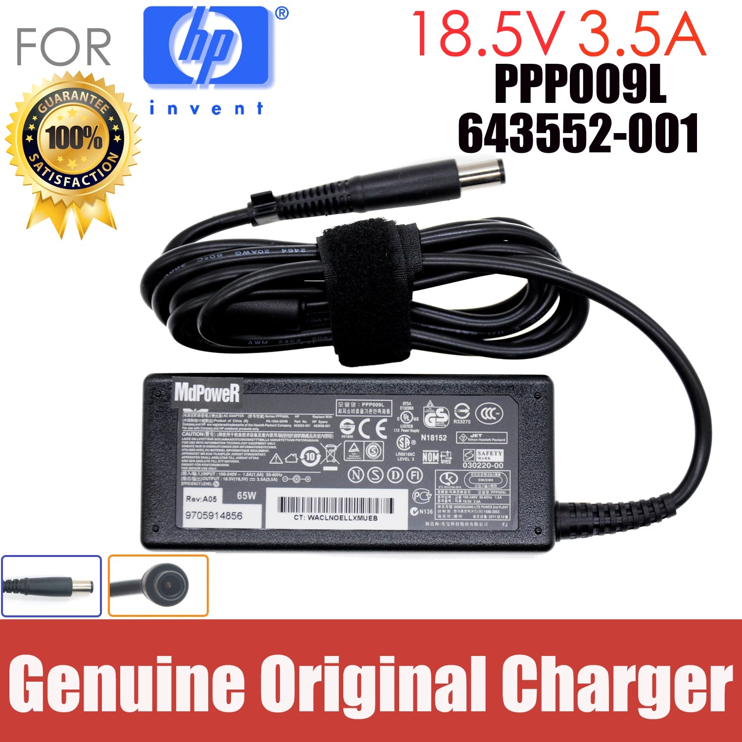 Original 18.5V 3.5A 65W AC adapter laptop charger For HP 2760p 4230s 4311s 4320s 4321s 4326s 4330s 4410s 4415s 5220m 5310m 5320m