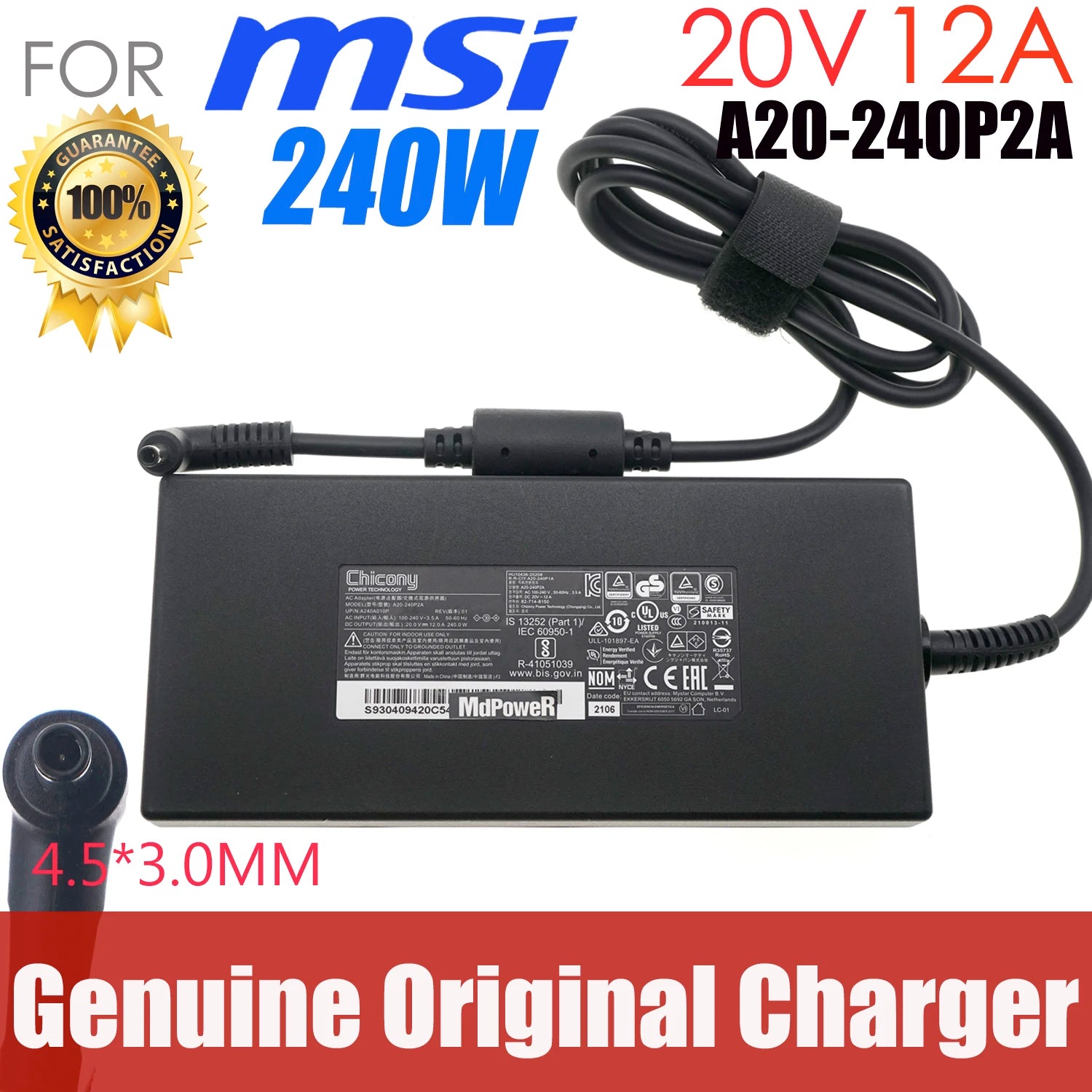 Genuine Chicony 20V 12A 240W A20-240P2A 4.5mm Pin AC Adapter Charger For MSI Delta 15 A5EFK-033FR Gaming Notebook Power Supply