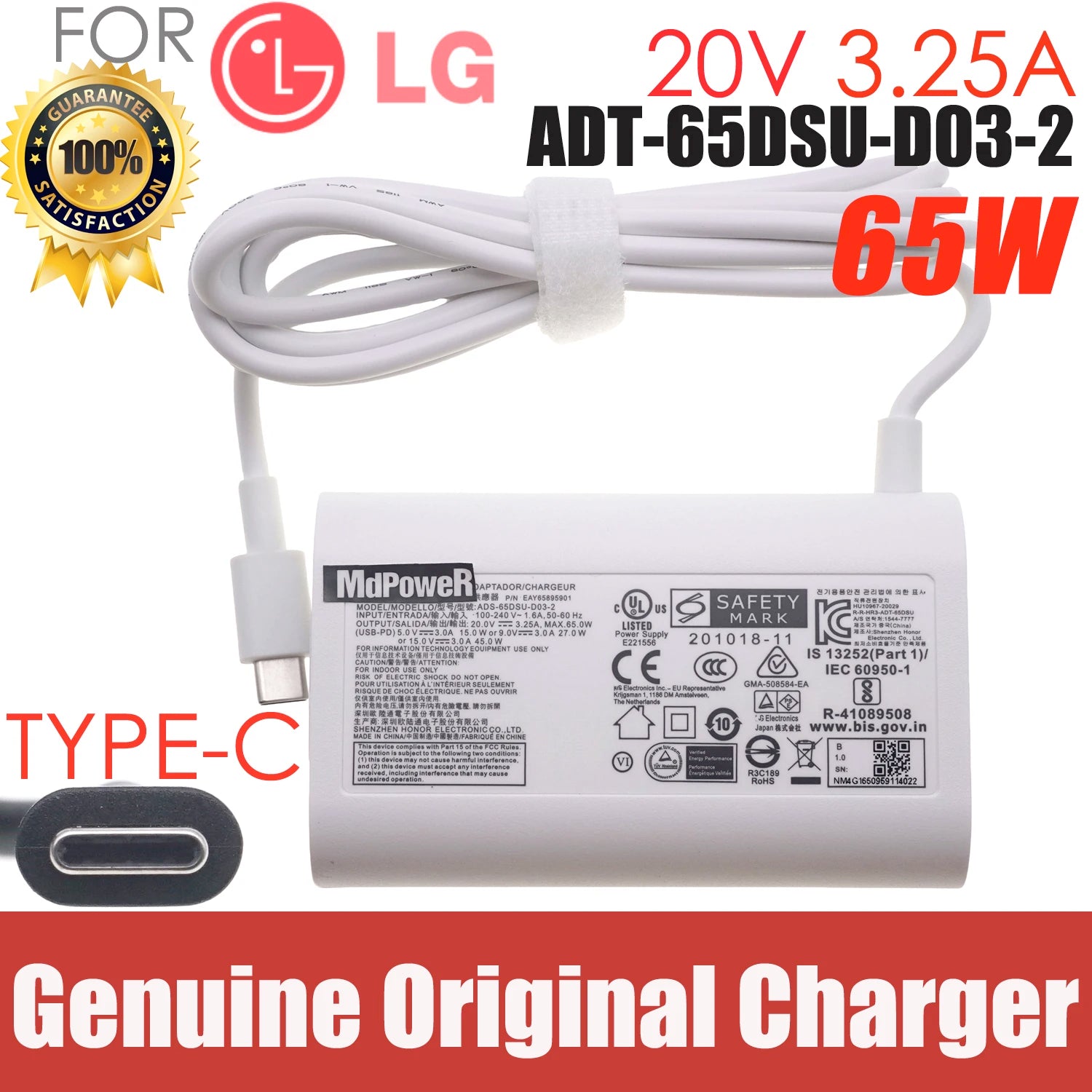 20V 3.25A 65W USB Type C ADT-65DSU-D03-2 ADT-65FSU-D03-EPK EAY65895911 Original AC Adapter Charger For LG gram 15Z90Q-P.ADB9U1
