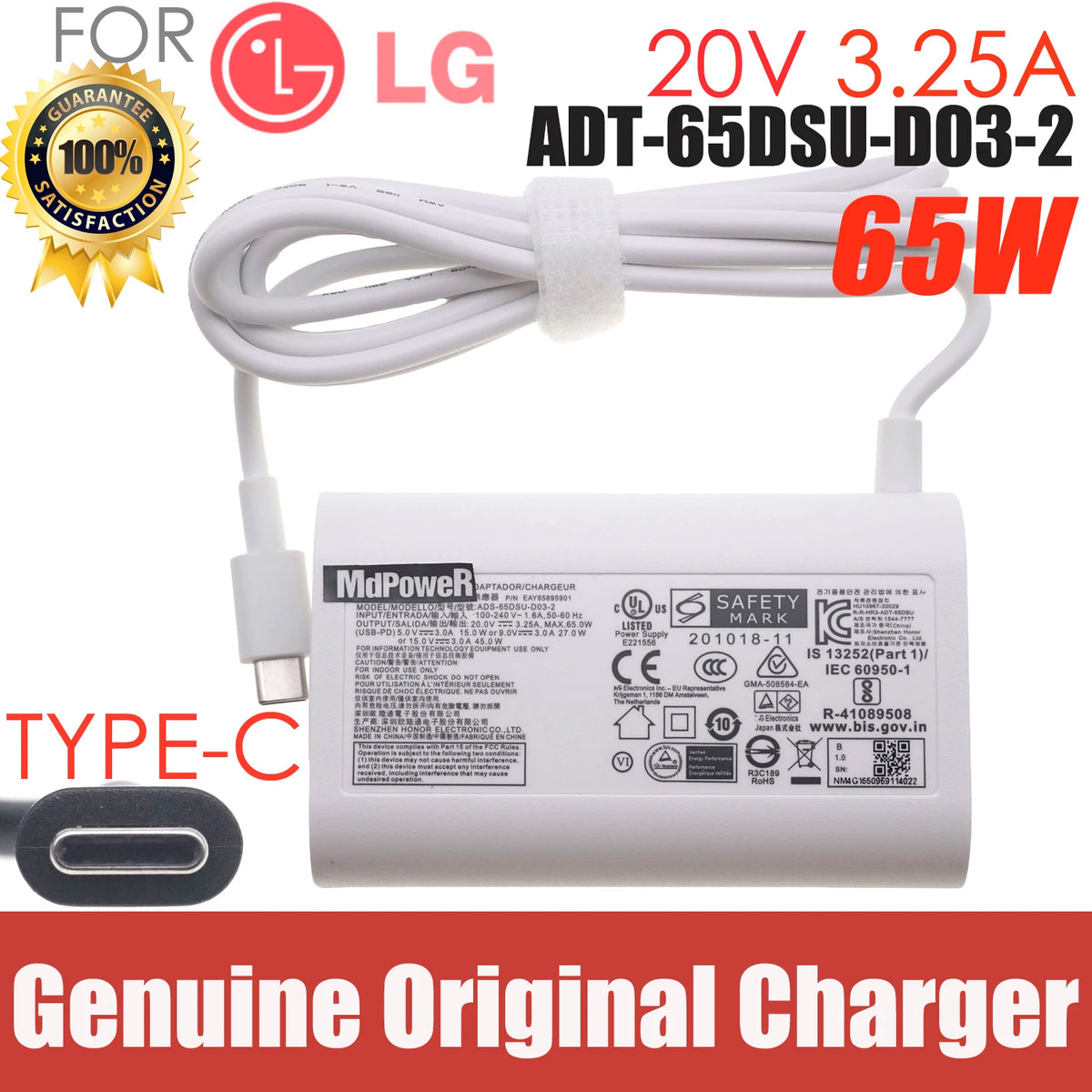 20V 3.25A 65W USB Type C ADT-65DSU-D03-2 ADT-65FSU-D03-EPK EAY65895911 Original AC Adapter Charger For LG gram 15Z90Q-P.ADB9U1