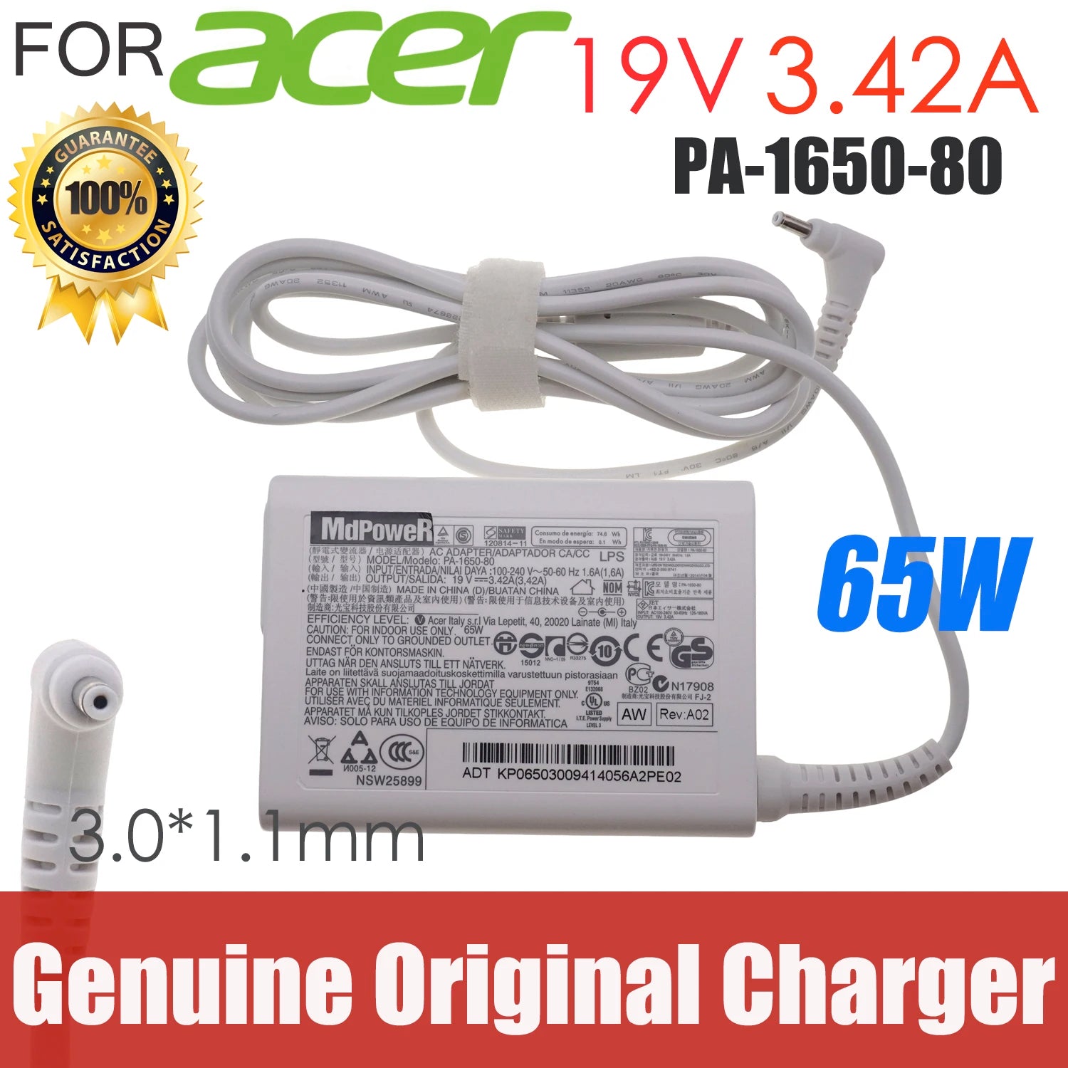 Genuine LITEON PA-1650-80 19V 3.42A 65W Charger For Acer Chromebook C720 C720P C740 C810 Laptop Power Supply AC Adapter 3.0*1.1