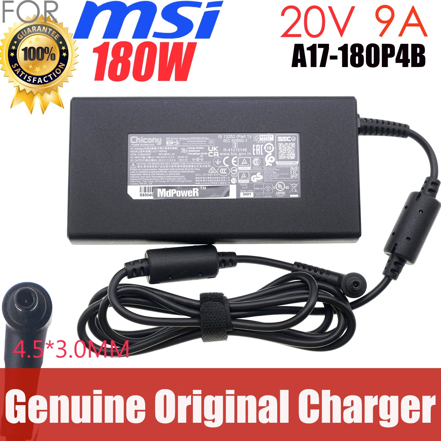 Genuine Chicony A17-180P4B 20V 9A 180W 4.5x3.0mm AC Adapter Charger For MSI 1581 Laptop Power Supply Liteon PA-1181-76