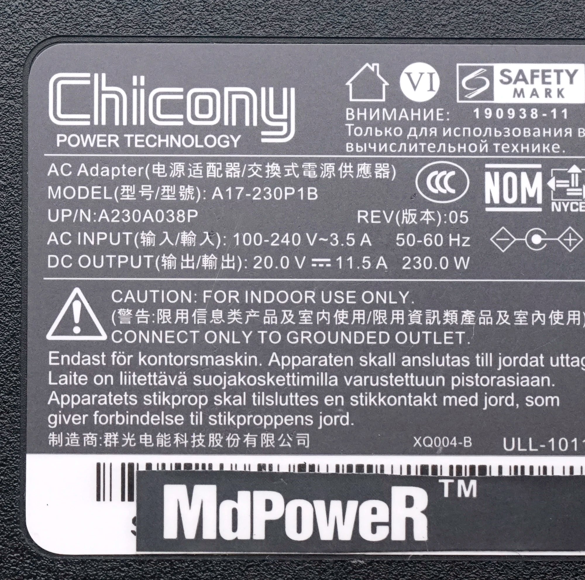 Genuine Chicony A17-230P1B 230W 20V 11.5A 5.5x2.5mm A230A038P AC DC Adapter For MSI Creator 15 A10SF-041 GS66 Stealth 10UH-444
