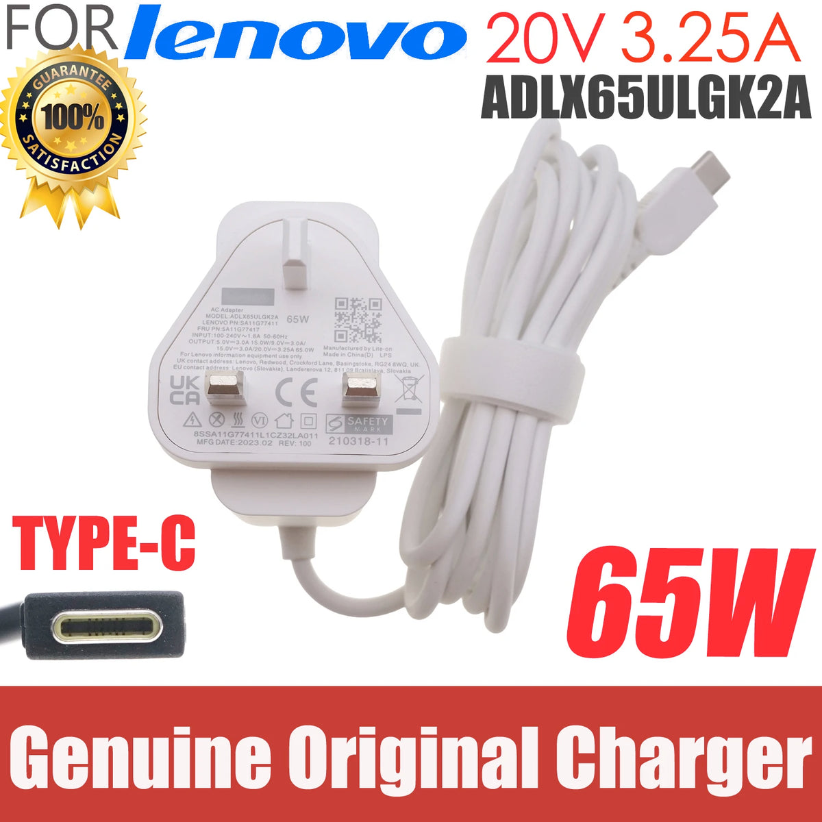 Genuine ADLX65ULGK2A 65W 20V 3.25A USB-C Type C AC Adaper Charger for Lenovo ThinkPad T470 T470s T480 T480s Laptop Power Supply