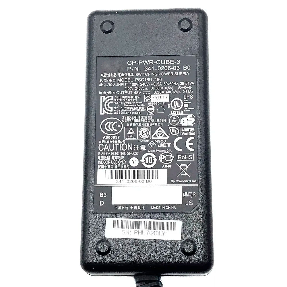 Original for CISCO CP-PWR-CUBE-3 SWITCHING POWER SUPPLY P/N 341-0206-02 PSC18U-480OUTPUT 48V 0.38A AC Adapter Charger Genuine
