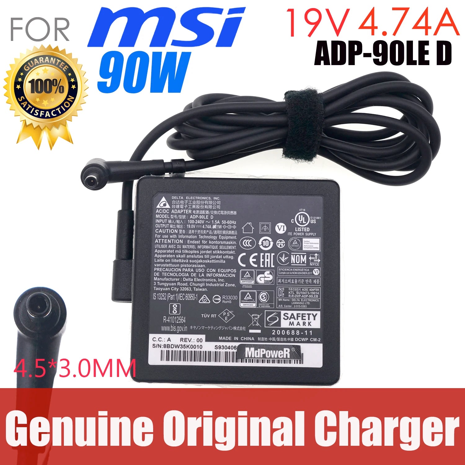 Original ADP-90LE D 90W 19V 4.74A AC Adapter Laptop Charger for MSI Modern 14 B11SB B11MO MS-14D2 MS-14D3 Notebook Power Supply