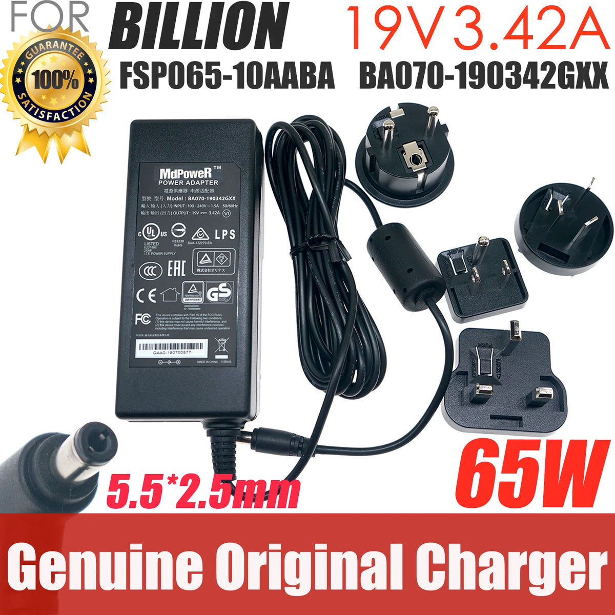 Genuine Billion BA070-190342GXX 19V 3.42A/3.43A 65W AC Adapter for Intel NUC Kit NUC6i5SYH NUC7i5BNK Mini PC FSP065-10AABA