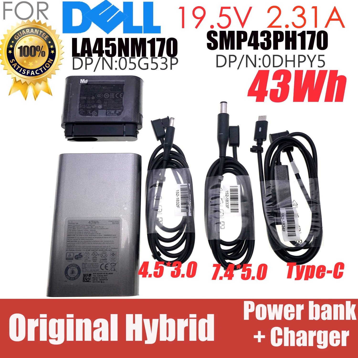 Genuine 19.5V 2.31A 45W AC Adapter 43Wh Laptop Hybrid Power bank for Dell XPS 4.5*3.0 7.4*5.0 USB-C TYPE-C SMP43PH170 LA45NM170