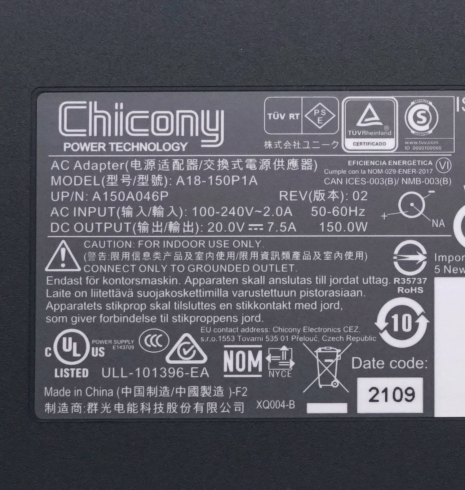 A18-150P1A Original AC Adapter Chicony 20V 7.5A 150W Charger 7.4x5.0mm Laptop Power Supply