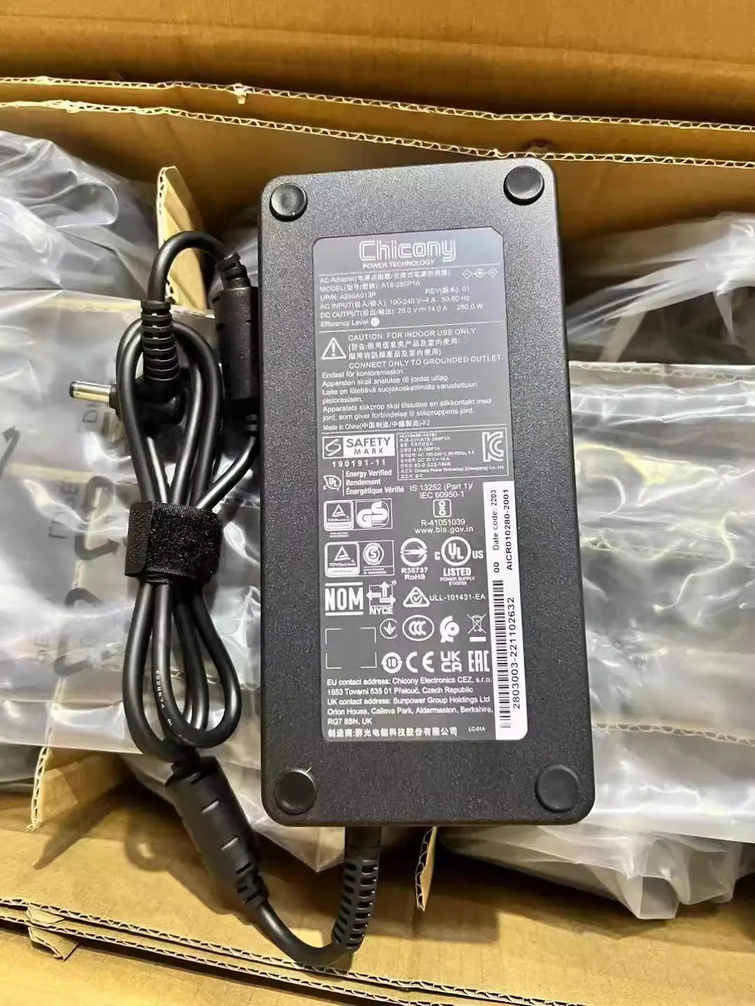 New Genuine Chicony A18-280P1A 20V 14A 280W Laptop Adapter Charger For Schenker XMG NEO 15-E22qrn Gigabyte AORUS 15X ASF/RTX4070