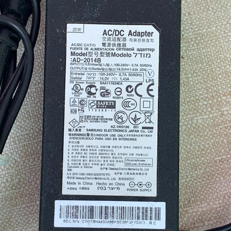 Original 14V 1.43A AD-2014B 20W AC DC Adapter Charger For Samsung S19B300NW S19B300B S19B150N LCD LED Monitor 14020GN S22B360H