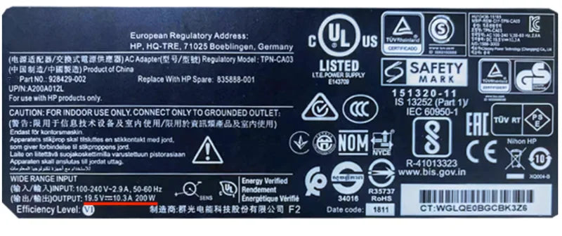 Genuine For HP Omen ZBook 17 G5 G6 19.5V 10.3A 200W 4.5*3.0mm Blue Tip Charger TPN-CA03 835888-001 A200A008L 815680-002 Adapter