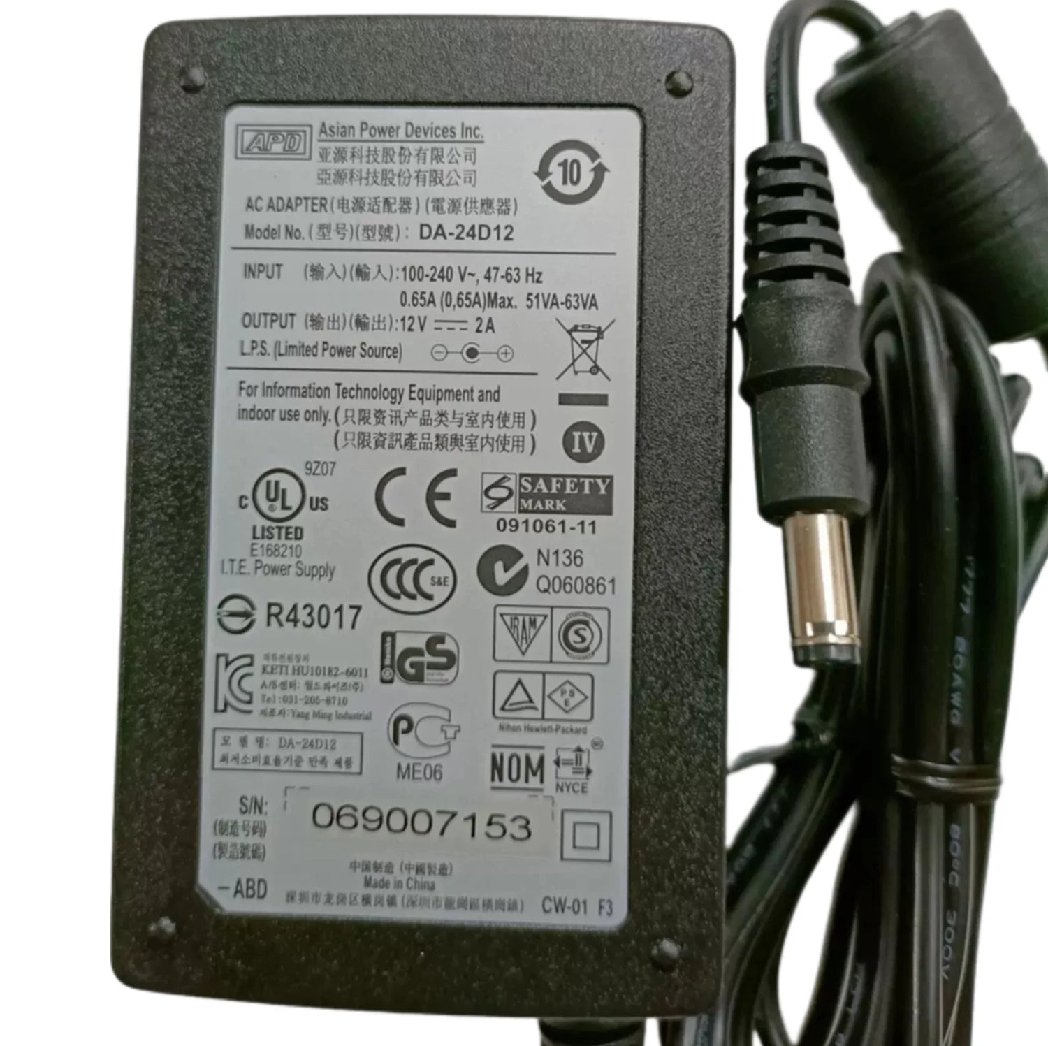 Genuine ASIAN POWER DEVICES, INC. DA-24D12 12V 2A AC Adapter Charger 5.5*2.1mm 24W Power Supply Original