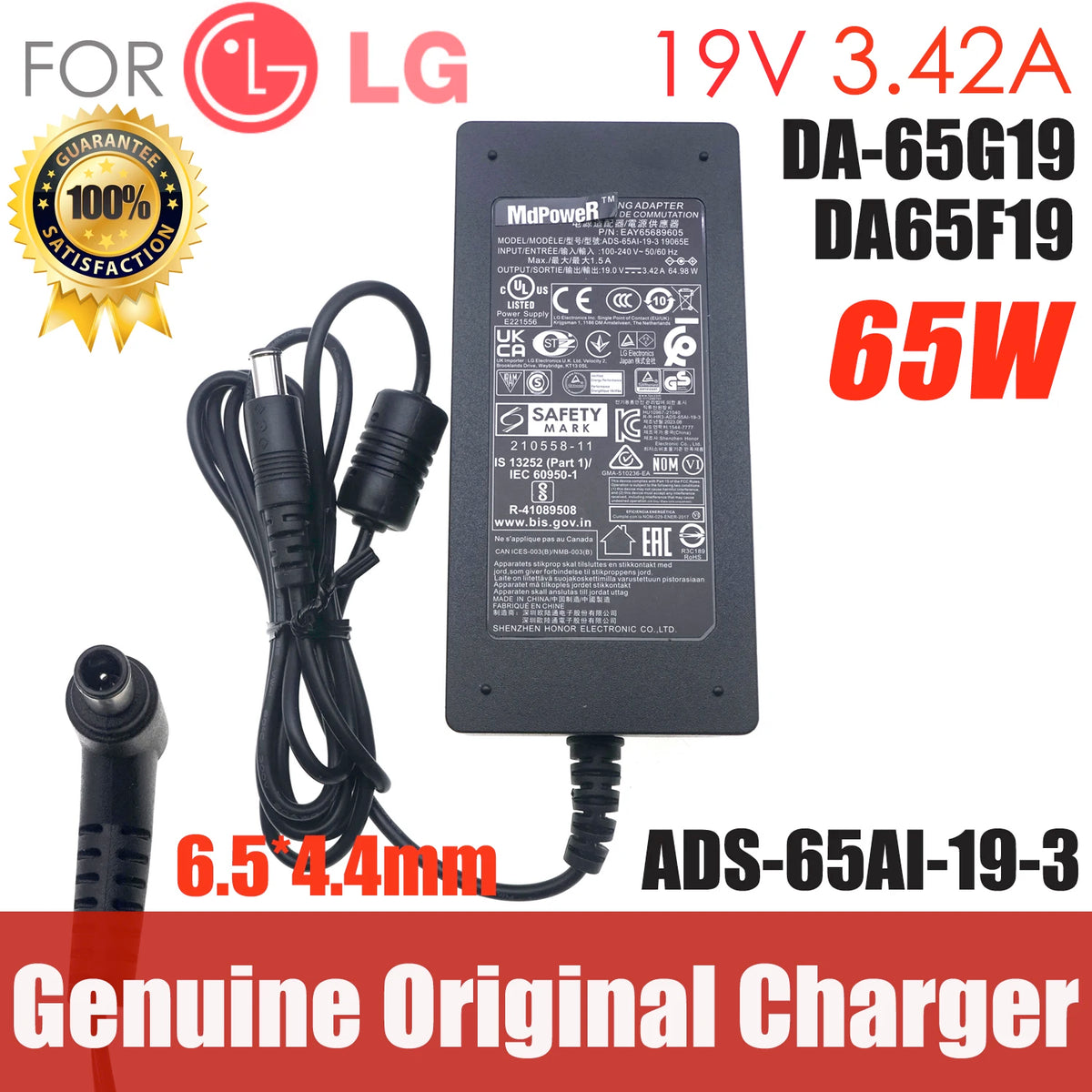 Original AC Switching Adapter ADS-65AI-19-3 65W Charger for LG LED TV Monitor Power Supply LCAP40 DA-65G19 PA-1650-68