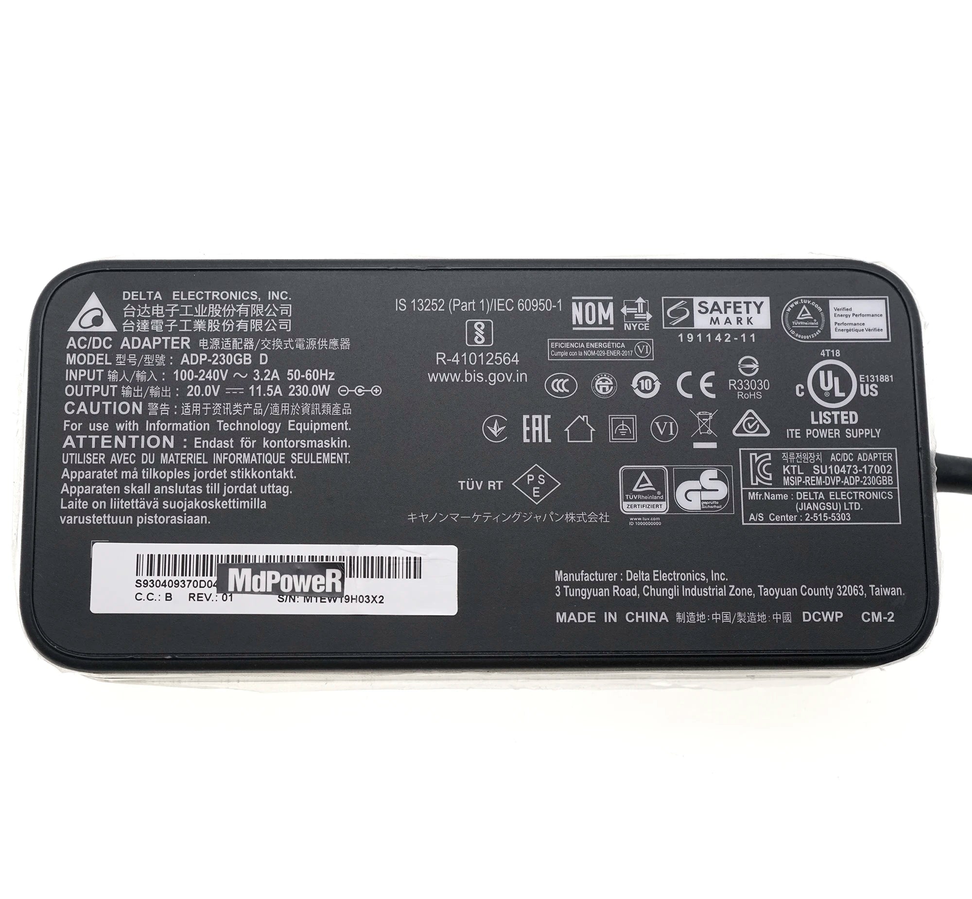 Original Delta ADP-230GB D 230W 20V 11.5A AC Adapter Charger for MSI WS66 11UMT-220GS66 GS75 GS66 10UE-280CA STEALTH Laptop