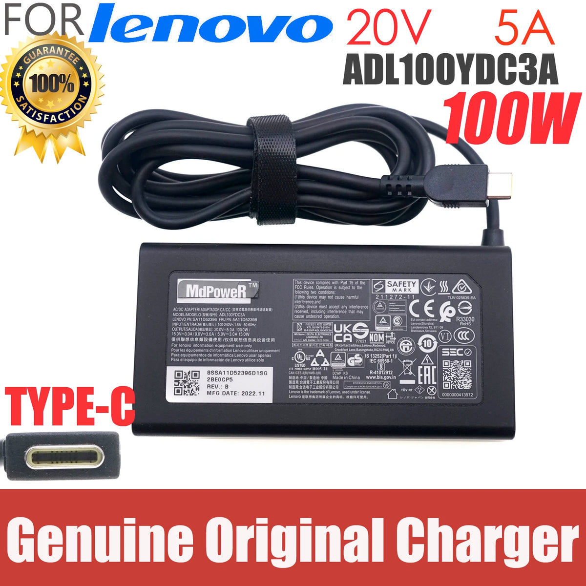 Original 20V 5A 100W ADL100YDC3A For Lenovo Idea Pro16 Charger Type-C AC Adapter ADL100YLC3A SA11D52396 ADL100YCC3A ADL100YAC3A