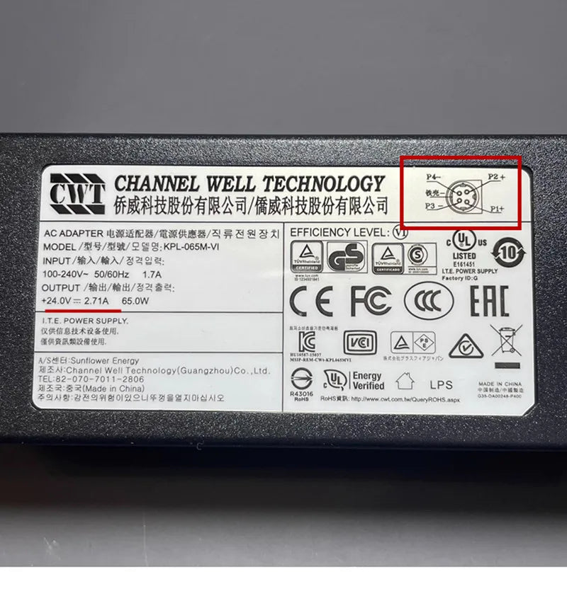 Genuine CWT KPL-065M-VI 24V 2.71A 65W AC Adapter Charger Monitor Power Supply 4-PIN Plug (4 DIN)