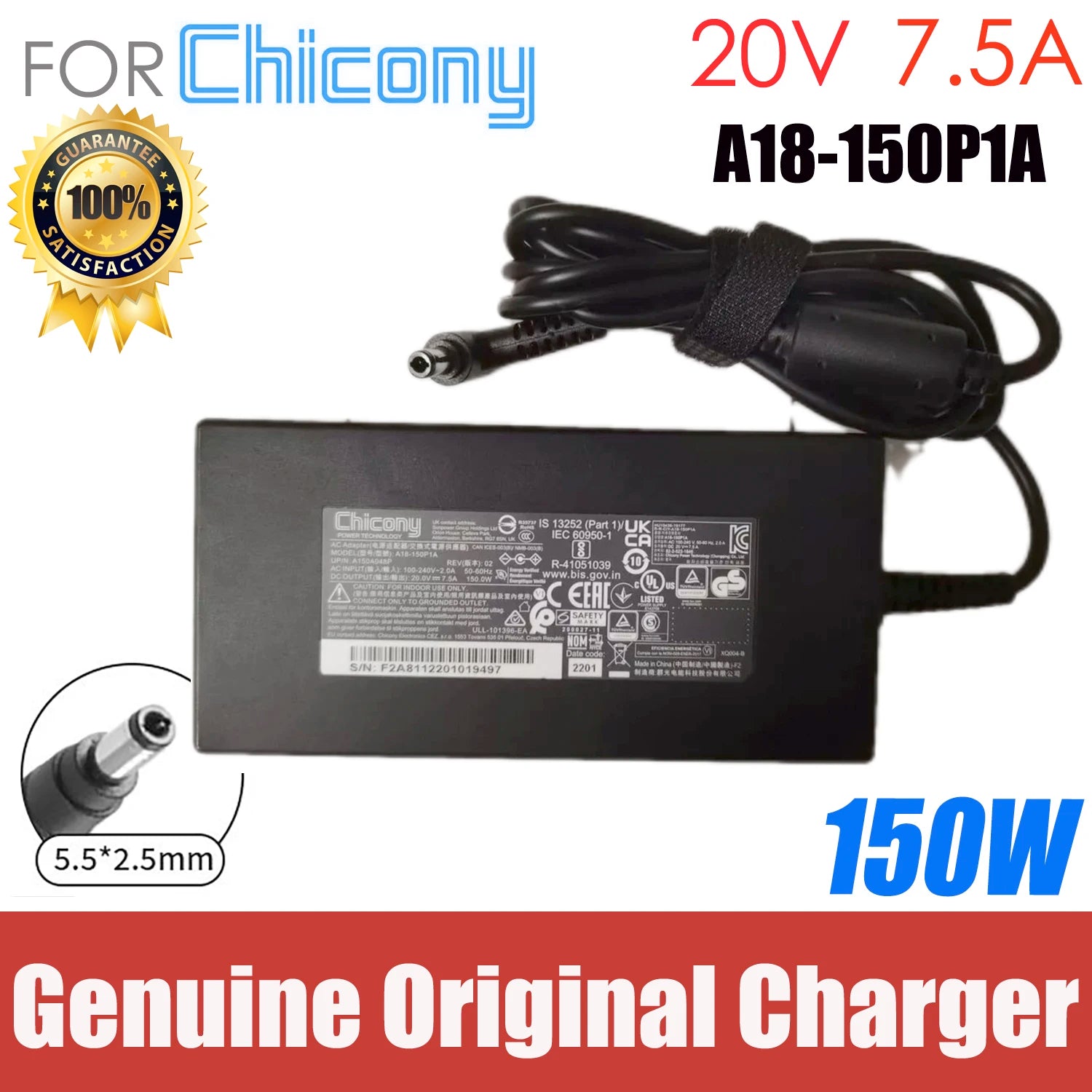 Genuine Chicony 150W 20V 7.5A A18-150P1A AC Adapter Charger For System76 Gazelle (gaze17) i7-127000H RTX3050Ti/RTX3050 Laptop