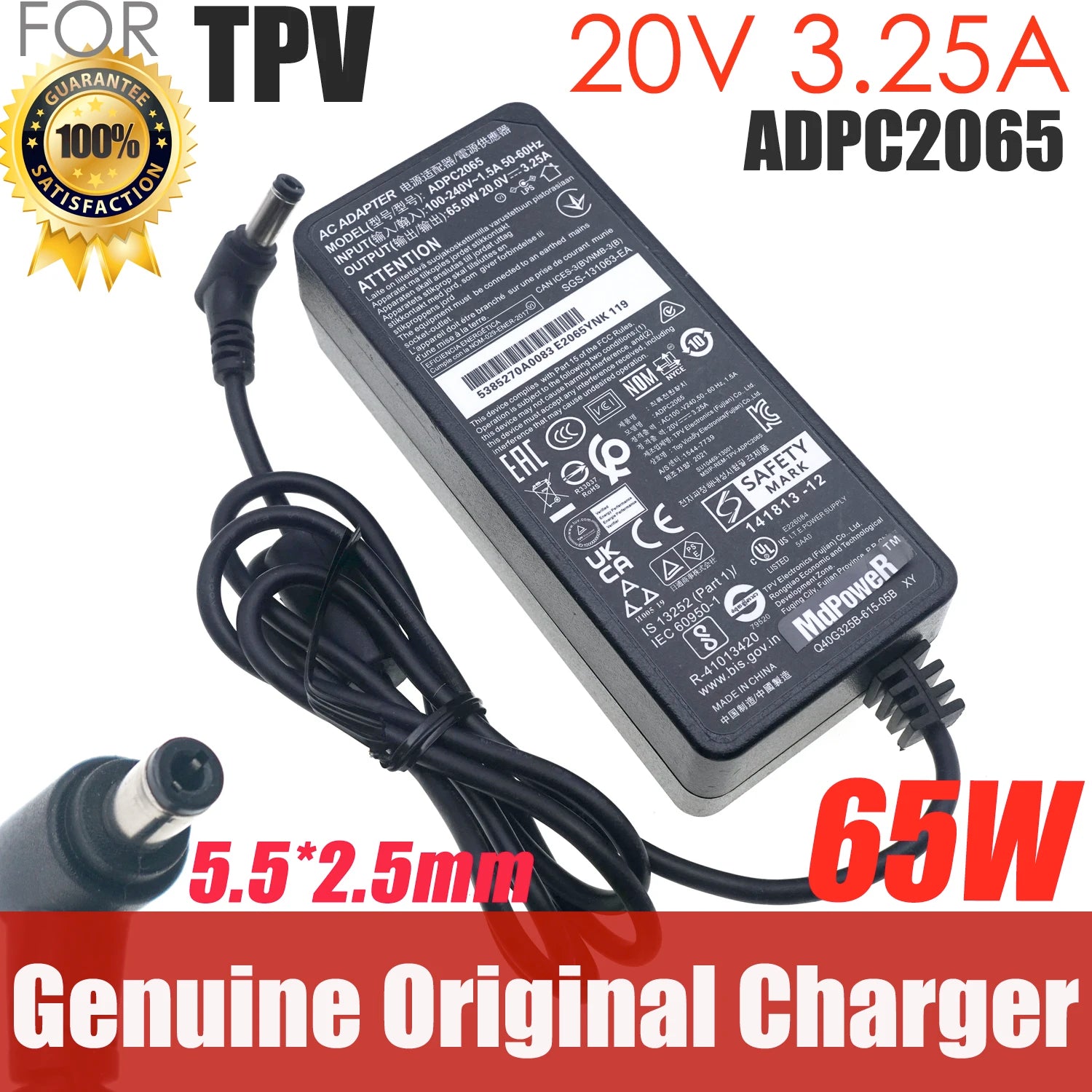 Genuine 20V 3.25V 65W  5.5x2.5mm Adapter ADPC2065 Charger For AOC Monitor AG322FCX 315LM00019 E2272PWUT/BS U2879VF Power Supply