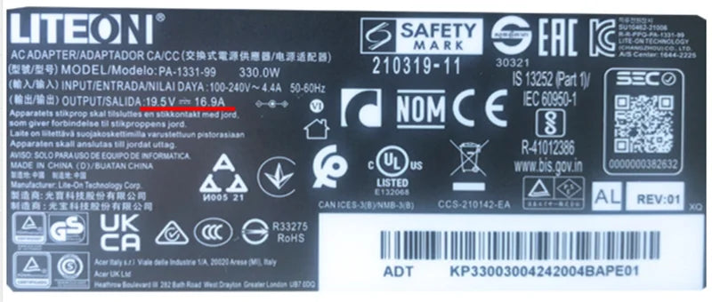 Genuine Liteon PA-1331-99 19.5V 16.9A 330W AC Adapter for Acer Predator Helios Neo 16 PHN16-71-50JG Gaming Laptop Power Supply