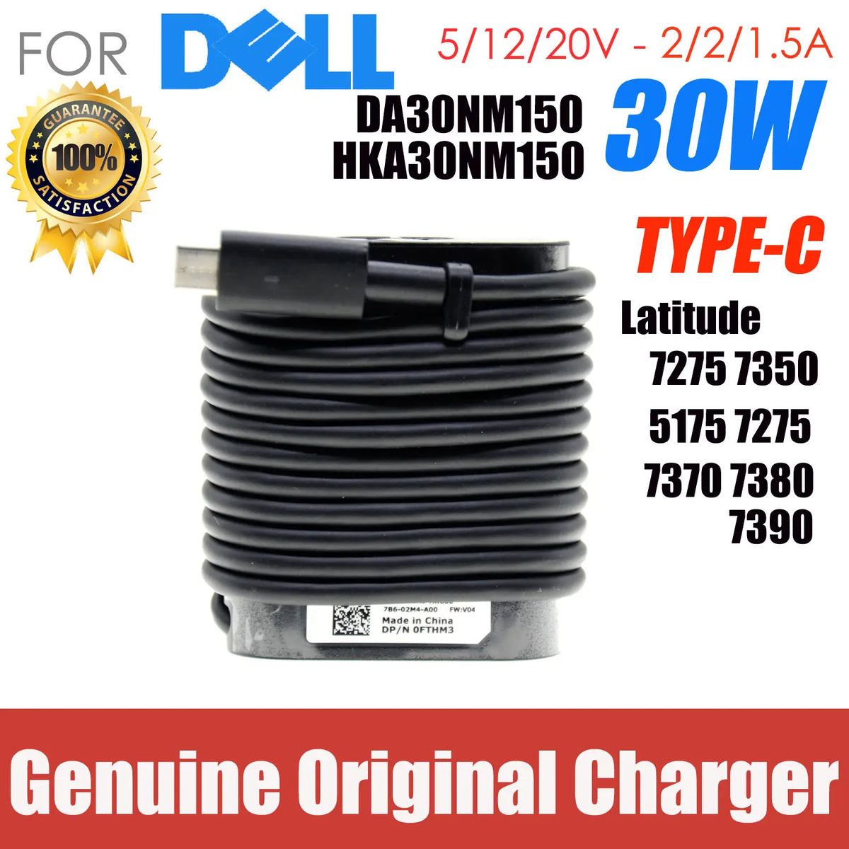 Original For Dell HA30NM150 DA30NM150 LA30NM150 8XTW5 USB-C Type C Genuine Laptop AC Adapter Power Charger 20V/12V/5V-1.5A/2A