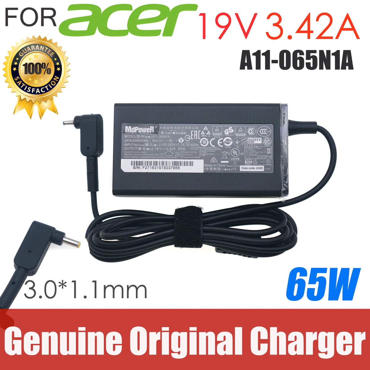 Original 19V 3.42A 65W  AC Adapter Power Charger For Acer Spin 3 SP314-54N-56S5 A11-065N1A ADP-45HE BB PA-1450-26AC A045R016L