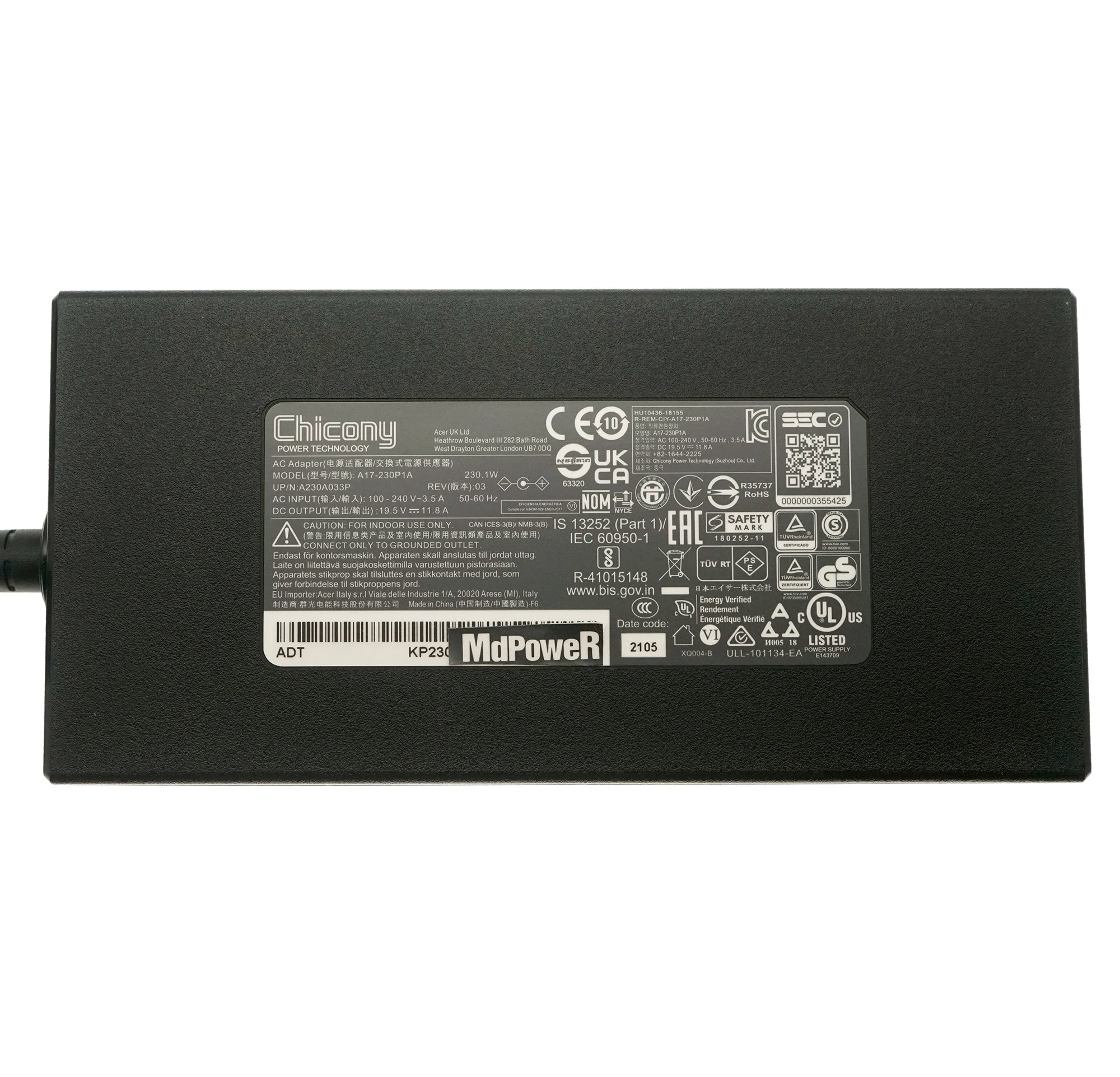 Genuine Chicony 19.5V 11.8A 230W A17-230P1A AC Adapter For Acer Predator Triton 500 PT515-52-73L3 Gaming Laptop Power Supply
