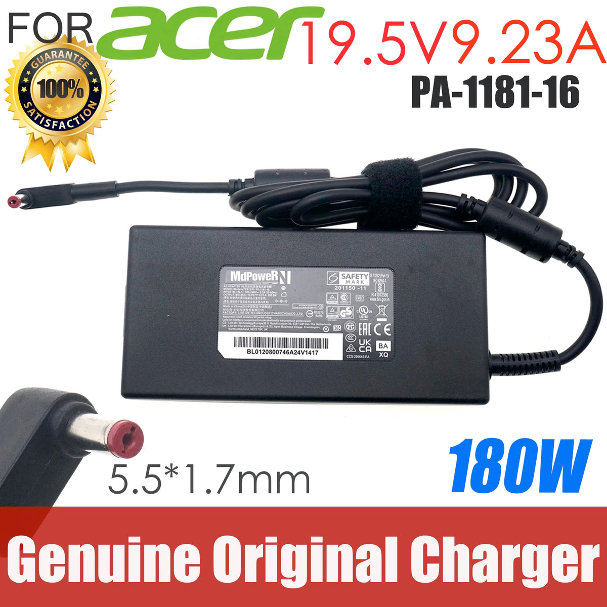 Original LITEON PA-1181-16 180W AC Adapter Laptop Power Charger For ACER Predator Helios 300 Series N17C1 PH315-51 19.5V 9.23A